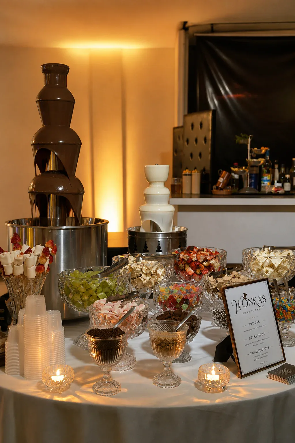 Mesa de fondue de chocolate com cascatas e acompanhamentos montada para um evento em Porto Alegre